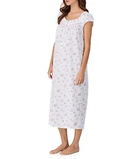 Eileen West Jersey Knit Cap Sleeve Sweetheart Neck Floral Print Long Nightgown