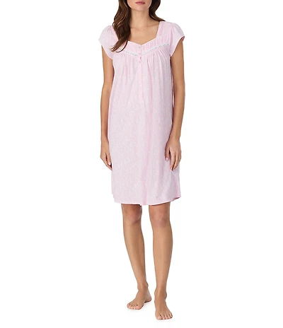 Eileen West Jersey Knit Cap Sleeve Sweetheart Neck Floral Print Short Nightgown