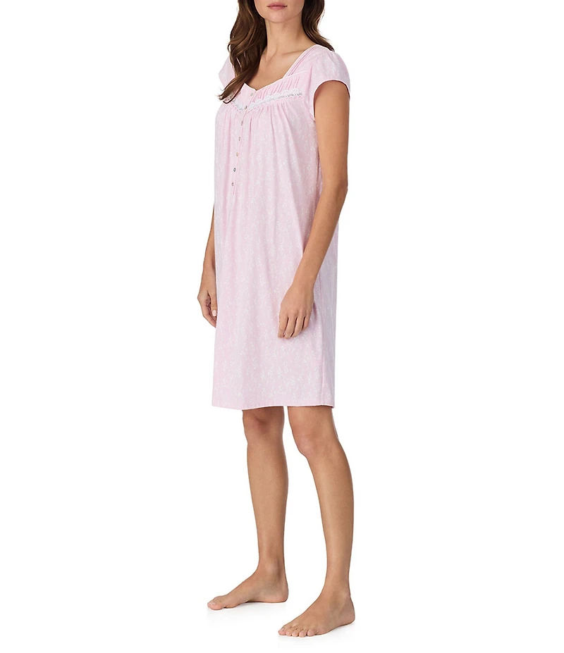 Eileen West Jersey Knit Cap Sleeve Sweetheart Neck Floral Print Short Nightgown