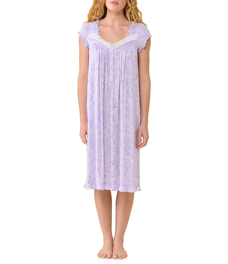 Eileen West Lavender Floral Print Cap Sleeve Sweetheart Neck Jersey Knit Waltz Nightgown