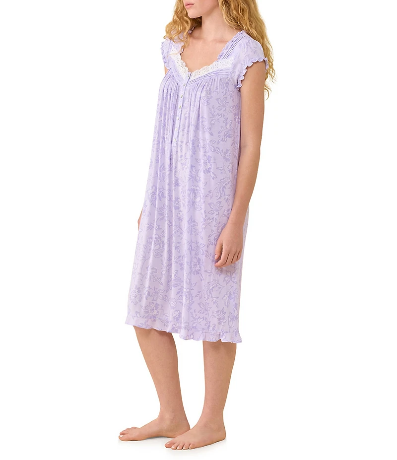 Eileen West Lavender Floral Print Cap Sleeve Sweetheart Neck Jersey Knit Waltz Nightgown