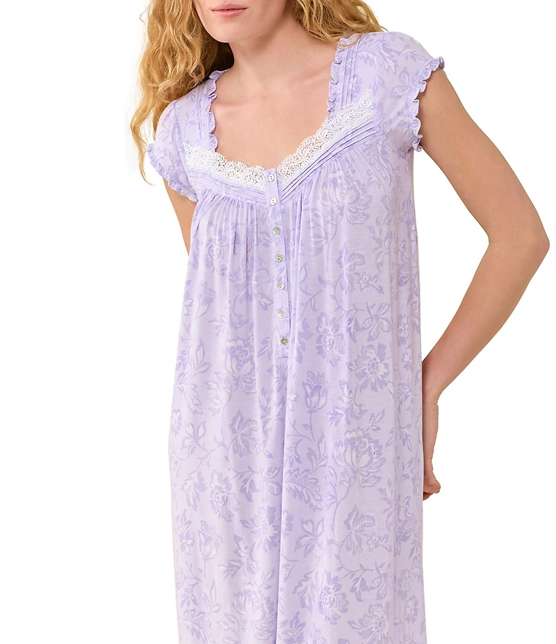 Eileen West Lavender Floral Print Cap Sleeve Sweetheart Neck Jersey Knit Waltz Nightgown