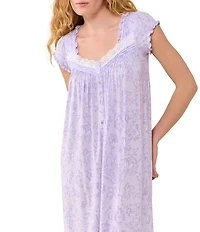 Eileen West Lavender Floral Print Cap Sleeve Sweetheart Neck Jersey Knit Waltz Nightgown