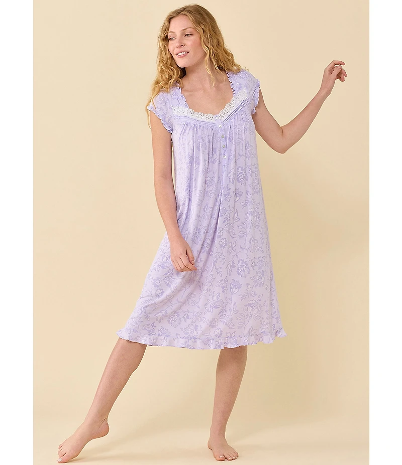 Eileen West Lavender Floral Print Cap Sleeve Sweetheart Neck Jersey Knit Waltz Nightgown