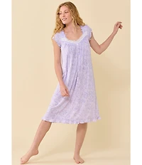 Eileen West Lavender Floral Print Cap Sleeve Sweetheart Neck Jersey Knit Waltz Nightgown