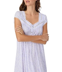 Eileen West Lavender Floral Print Cap Sleeve Sweetheart Neck Jersey Waltz Nightgown