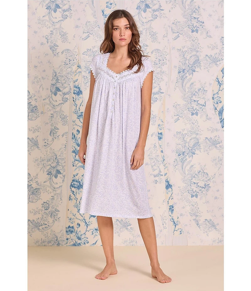 Eileen West Lavender Floral Print Cap Sleeve Sweetheart Neck Jersey Waltz Nightgown