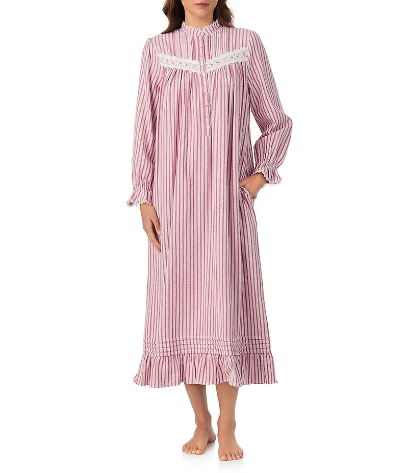 Eileen West Long Sleeve Brushed Cotton Flannel Highneck Striped Ballet Nightgown