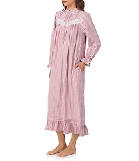 Eileen West Long Sleeve Brushed Cotton Flannel Highneck Striped Ballet Nightgown