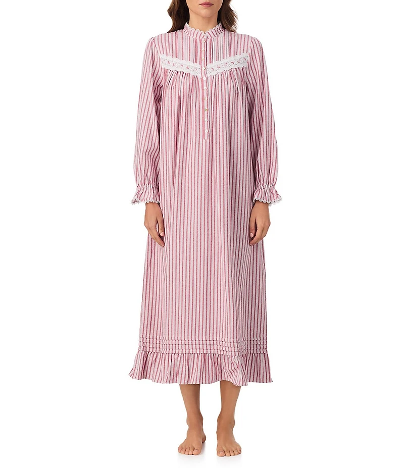 Eileen West Long Sleeve Brushed Cotton Flannel Highneck Striped Ballet Nightgown