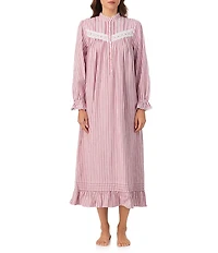 Eileen West Long Sleeve Brushed Cotton Flannel Highneck Striped Ballet Nightgown