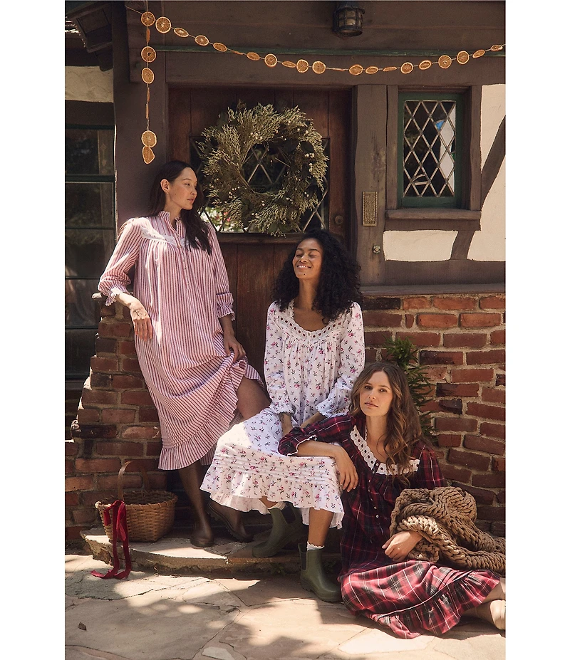 Eileen West Long Sleeve Brushed Cotton Flannel Highneck Striped Ballet Nightgown