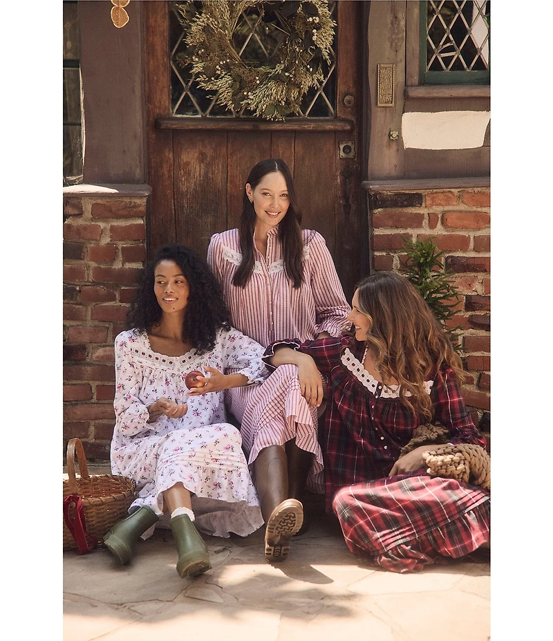 Eileen West Long Sleeve Brushed Cotton Flannel Highneck Striped Ballet Nightgown