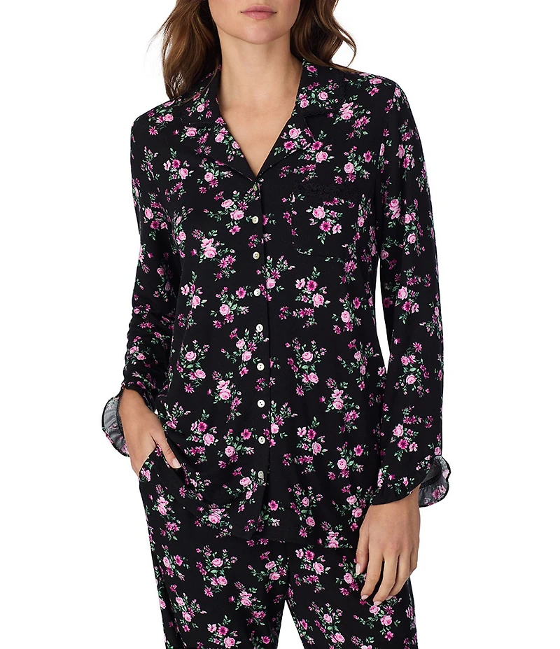 Eileen West Long Sleeve Notch Collar Floral Jersey Knit Long Pajama Set
