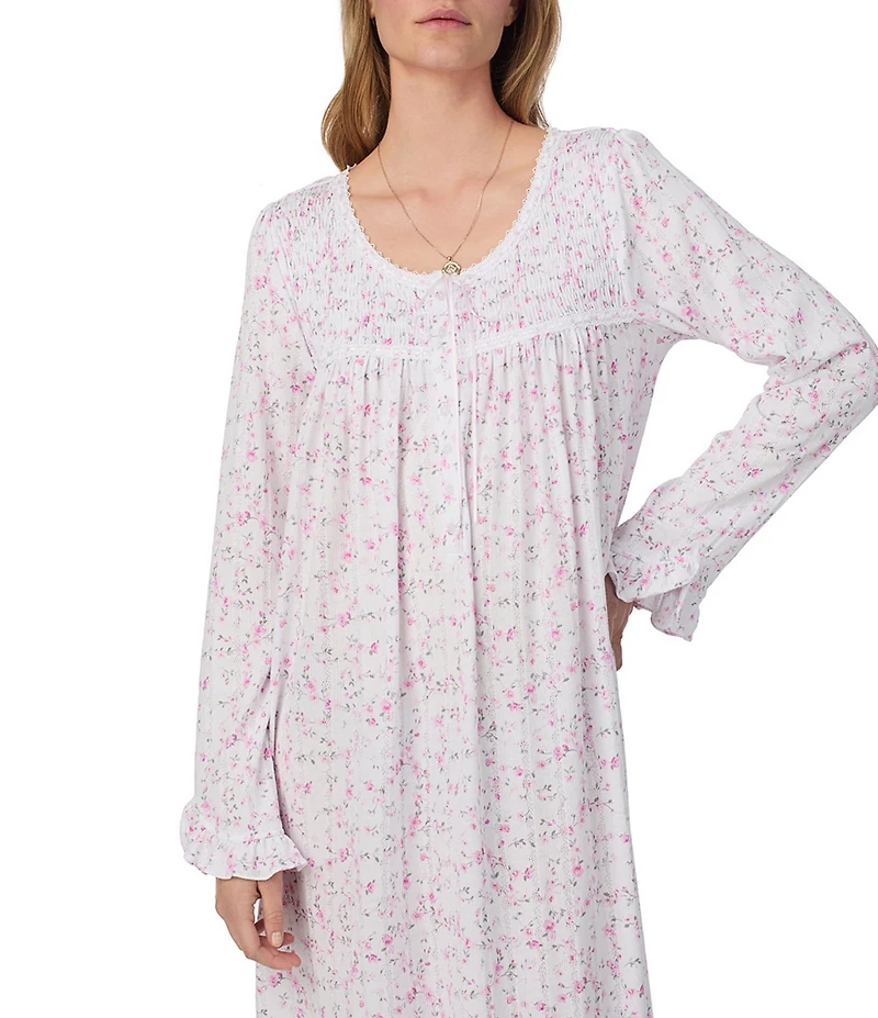 Eileen West Long Sleeve Scoop Neck Pointelle Knit Floral Print Ballet Nightgown