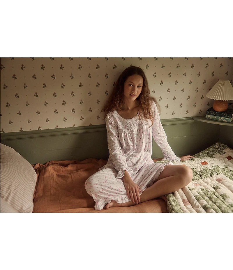 Eileen West Long Sleeve Scoop Neck Pointelle Knit Floral Print Ballet Nightgown