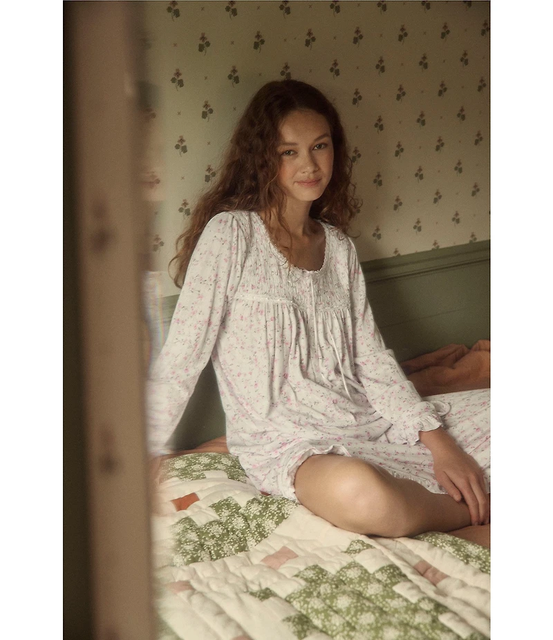 Eileen West Long Sleeve Scoop Neck Pointelle Knit Floral Print Ballet Nightgown