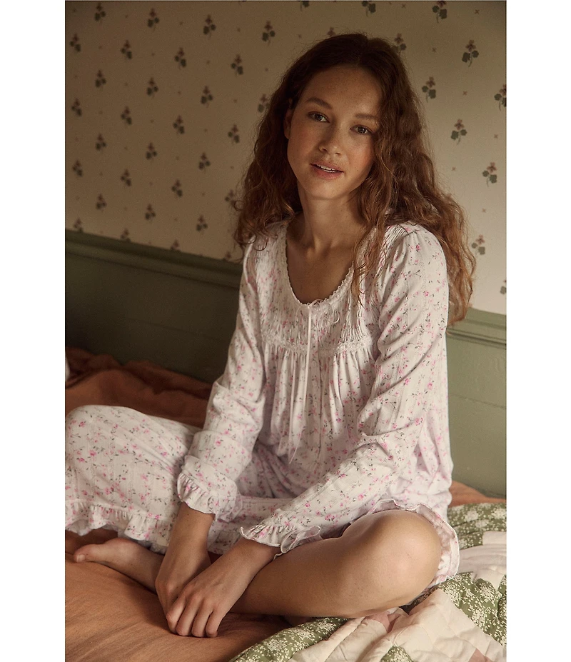 Eileen West Long Sleeve Scoop Neck Pointelle Knit Floral Print Ballet Nightgown
