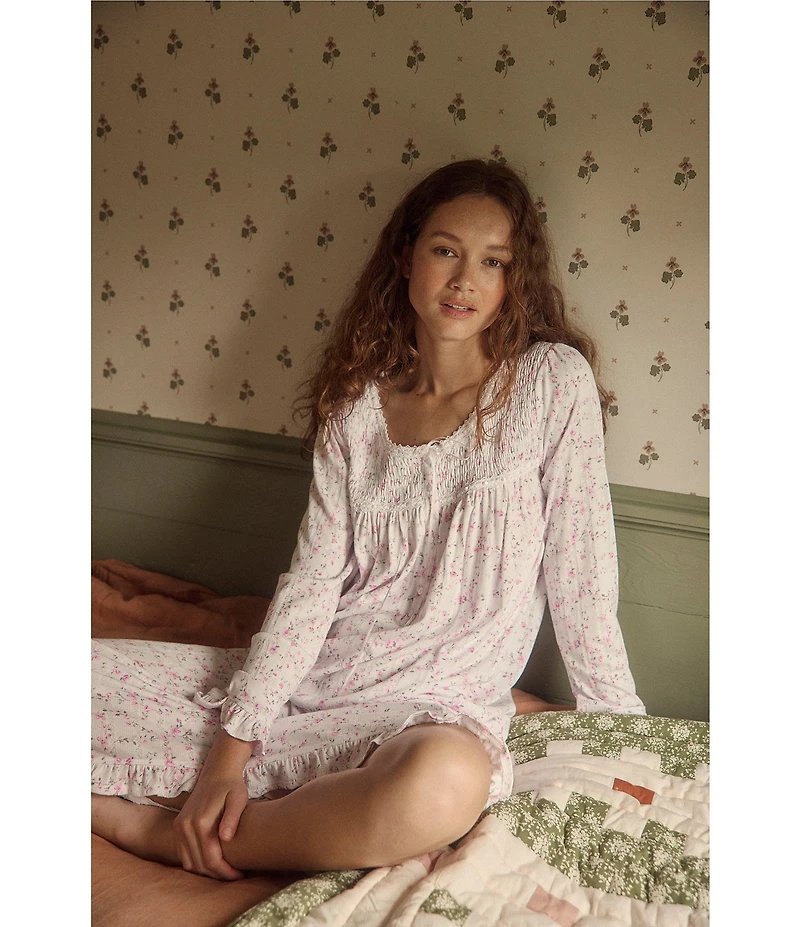 Eileen West Long Sleeve Scoop Neck Pointelle Knit Floral Print Ballet Nightgown