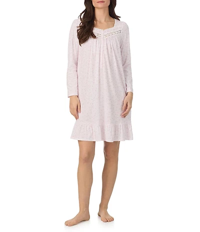 Eileen West Long Sleeve Sweetheart Neck Cotton Jersey Knit Ditsy Floral Short Nightgown
