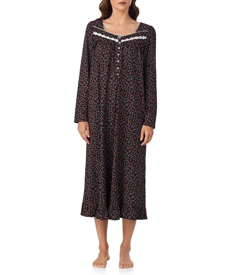 Eileen West Long Sleeve Sweetheart Neck Ditsy Floral Print Peached Jersey Knit Ballet Nightgown