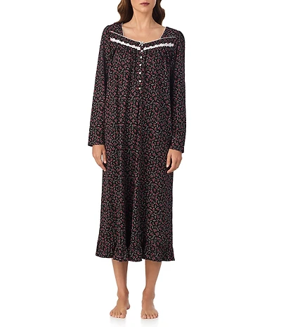 Eileen West Long Sleeve Sweetheart Neck Ditsy Floral Print Peached Jersey Knit Ballet Nightgown