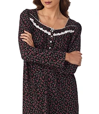 Eileen West Long Sleeve Sweetheart Neck Ditsy Floral Print Peached Jersey Knit Ballet Nightgown