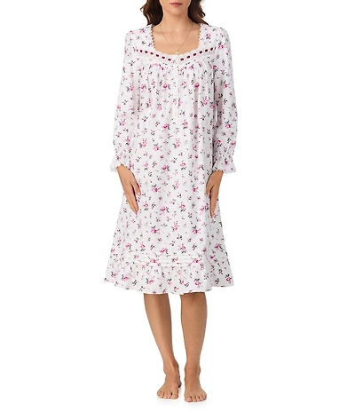 Eileen West Long Sleeve Sweetheart Neck Floral Print Heritage Cotton Brushed Flannel Waltz Nightgown