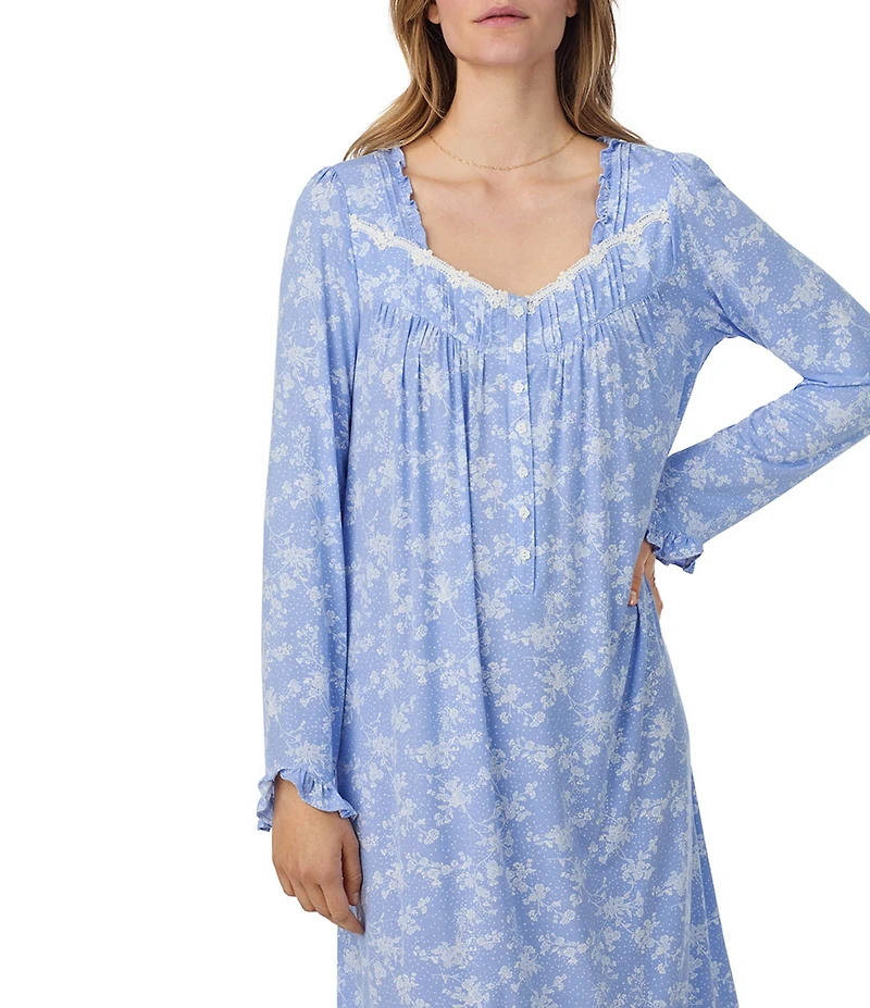 Eileen West Long Sleeve Sweetheart Neck Floral Print Jersey Knit Waltz Nightgown