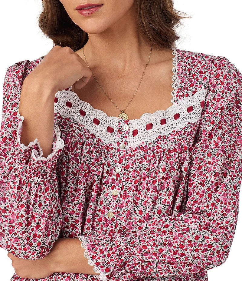 Eileen West Long Sleeve Sweetheart Neck Lace Ditsy Floral Print Woven Ballet Nightgown