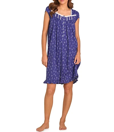 Eileen West Novelty Print Cap Sleeve Sweetheart Neck Jersey Knit Short Nightgown