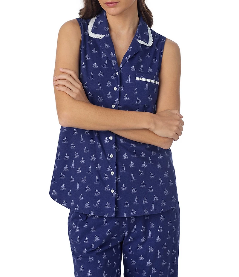 Eileen West Novelty Print Sleeveless Notch Collar Jersey Knit Cotton Capri Pajama Set