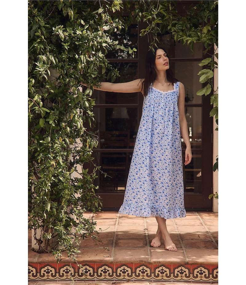 Eileen West Petite Hydrangea Print Sleeveless Sweetheart Neck Cotton Woven Lawn Ballet Nightgown