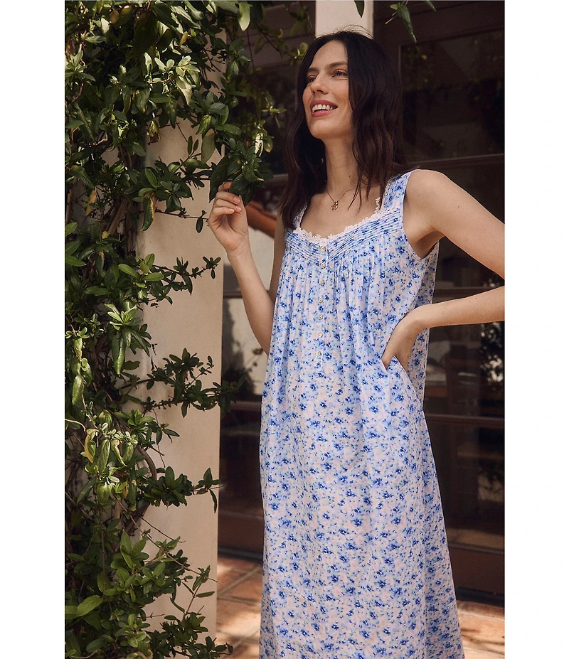 Eileen West Petite Hydrangea Print Sleeveless Sweetheart Neck Cotton Woven Lawn Ballet Nightgown