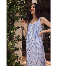 Eileen West Petite Hydrangea Print Sleeveless Sweetheart Neck Cotton Woven Lawn Ballet Nightgown