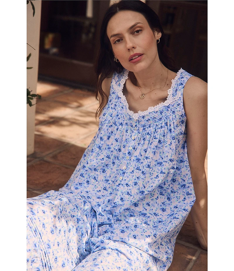 Eileen West Petite Hydrangea Print Sleeveless Sweetheart Neck Cotton Woven Lawn Ballet Nightgown