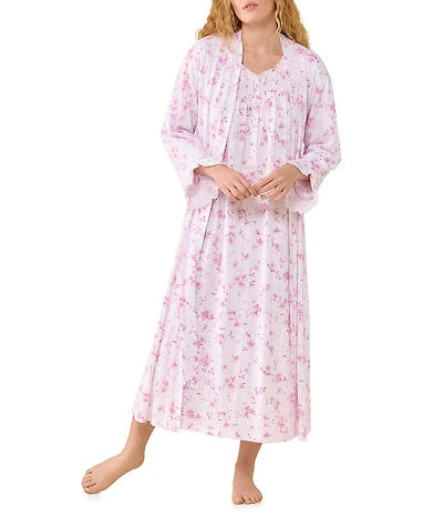 Eileen West Pink Floral Print Midi Sleeve Scoop Neck Pointelle Ballet Nightgown