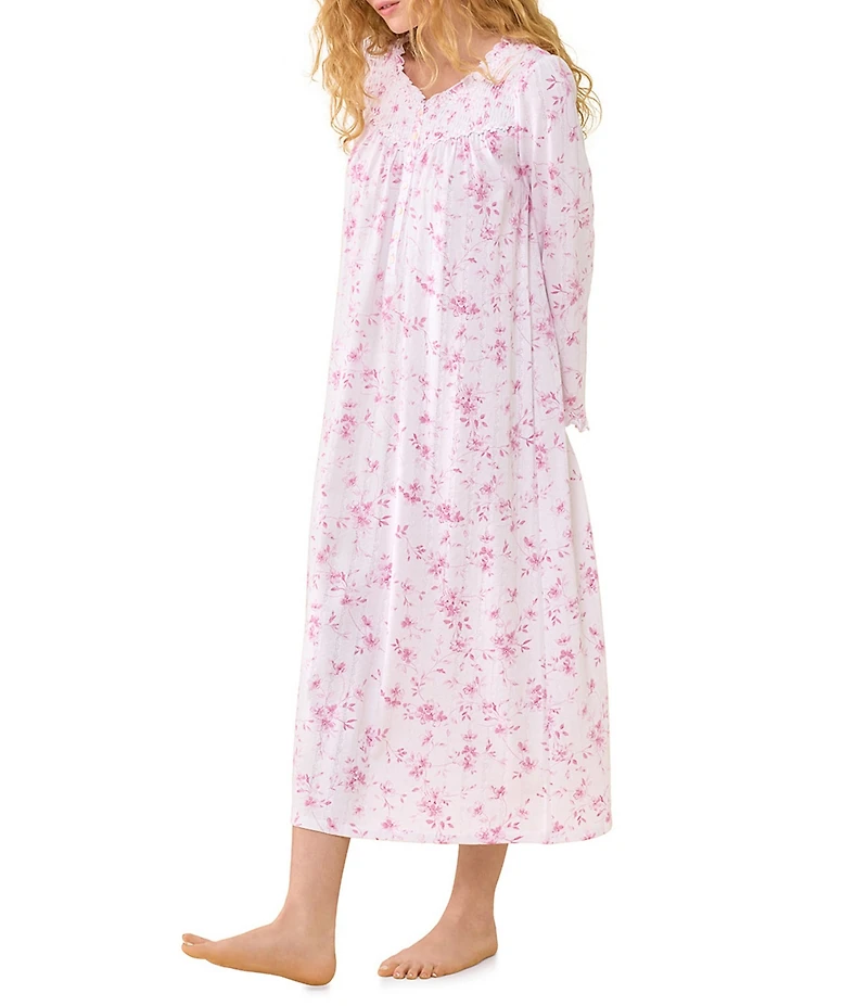 Eileen West Pink Floral Print Midi Sleeve Scoop Neck Pointelle Ballet Nightgown