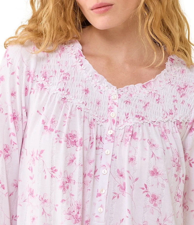 Eileen West Pink Floral Print Midi Sleeve Scoop Neck Pointelle Ballet Nightgown