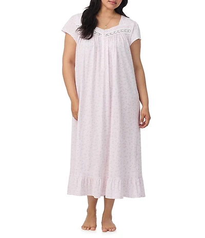 Eileen West Plus Size Cap Sleeve Sweetheart Neck Cotton Jersey Knit Ditsy Floral Short Nightgown