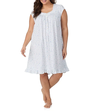 Eileen West Plus Size Ditsy Floral Print Cap Sleeve Sweetheart Neck Jersey Knit Short Nightgown