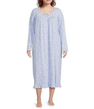 Eileen West Plus Size Ditsy Print Long Sleeve Square Neck Jersey Knit Long Nightgown