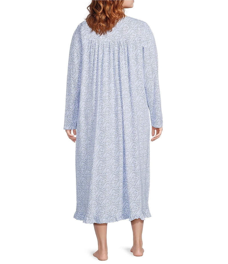 Eileen West Plus Size Ditsy Print Long Sleeve Square Neck Jersey Knit Long Nightgown