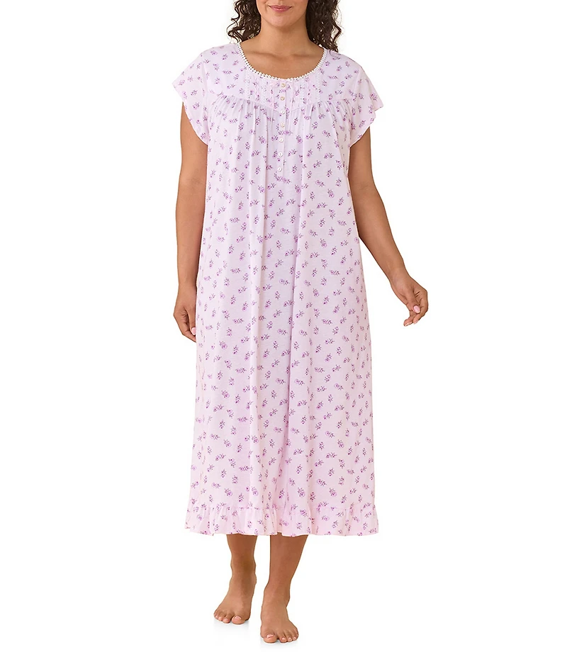 Eileen West Plus Size Floral Print Cap Sleeve Scoop Neck Cotton Jersey Knit Midi Nightgown
