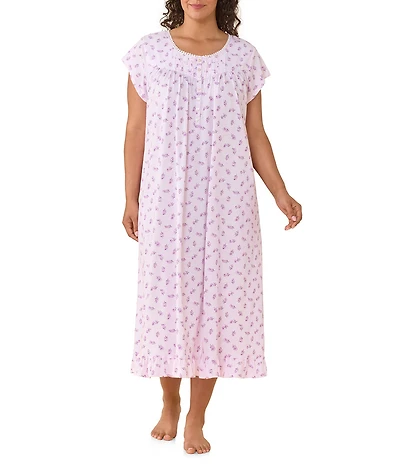 Eileen West Plus Size Floral Print Cap Sleeve Scoop Neck Cotton Jersey Knit Midi Nightgown