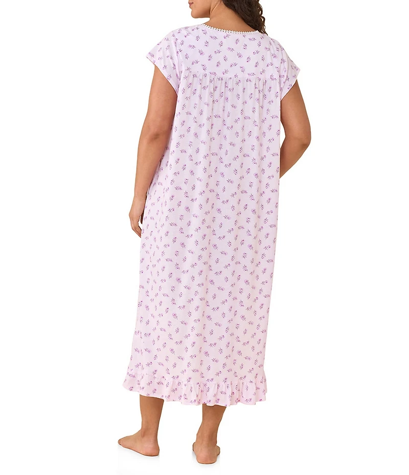 Eileen West Plus Size Floral Print Cap Sleeve Scoop Neck Cotton Jersey Knit Midi Nightgown