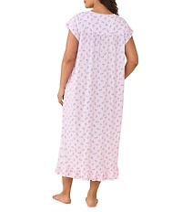 Eileen West Plus Size Floral Print Cap Sleeve Scoop Neck Cotton Jersey Knit Midi Nightgown
