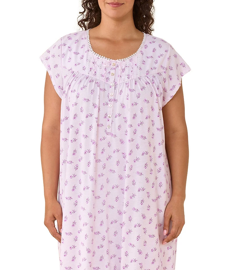 Eileen West Plus Size Floral Print Cap Sleeve Scoop Neck Cotton Jersey Knit Midi Nightgown