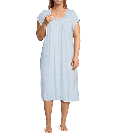 Eileen West Plus Size Floral Print Cap Sleeve Scoop Neck Jersey Knit Waltz Nightgown
