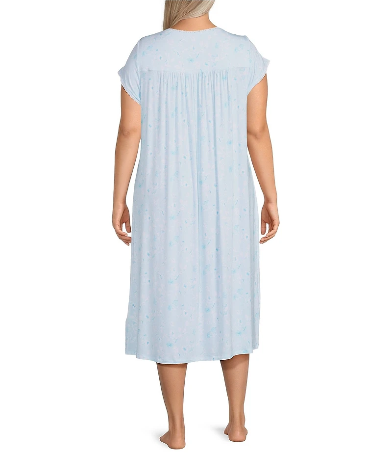 Eileen West Plus Size Floral Print Cap Sleeve Scoop Neck Jersey Knit Waltz Nightgown